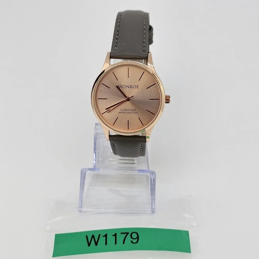 Monroe by Maestro Women Watch 36MM Gold Dial Gray Leather Band Straps NewBattery